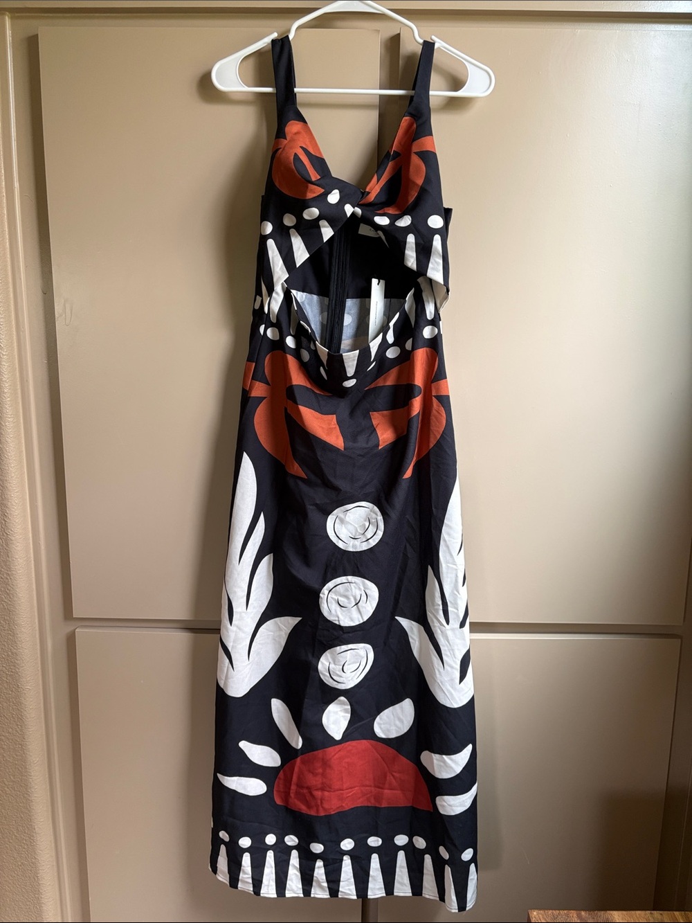 Commense Black Maxi Dress with Rust and White Graphic Print